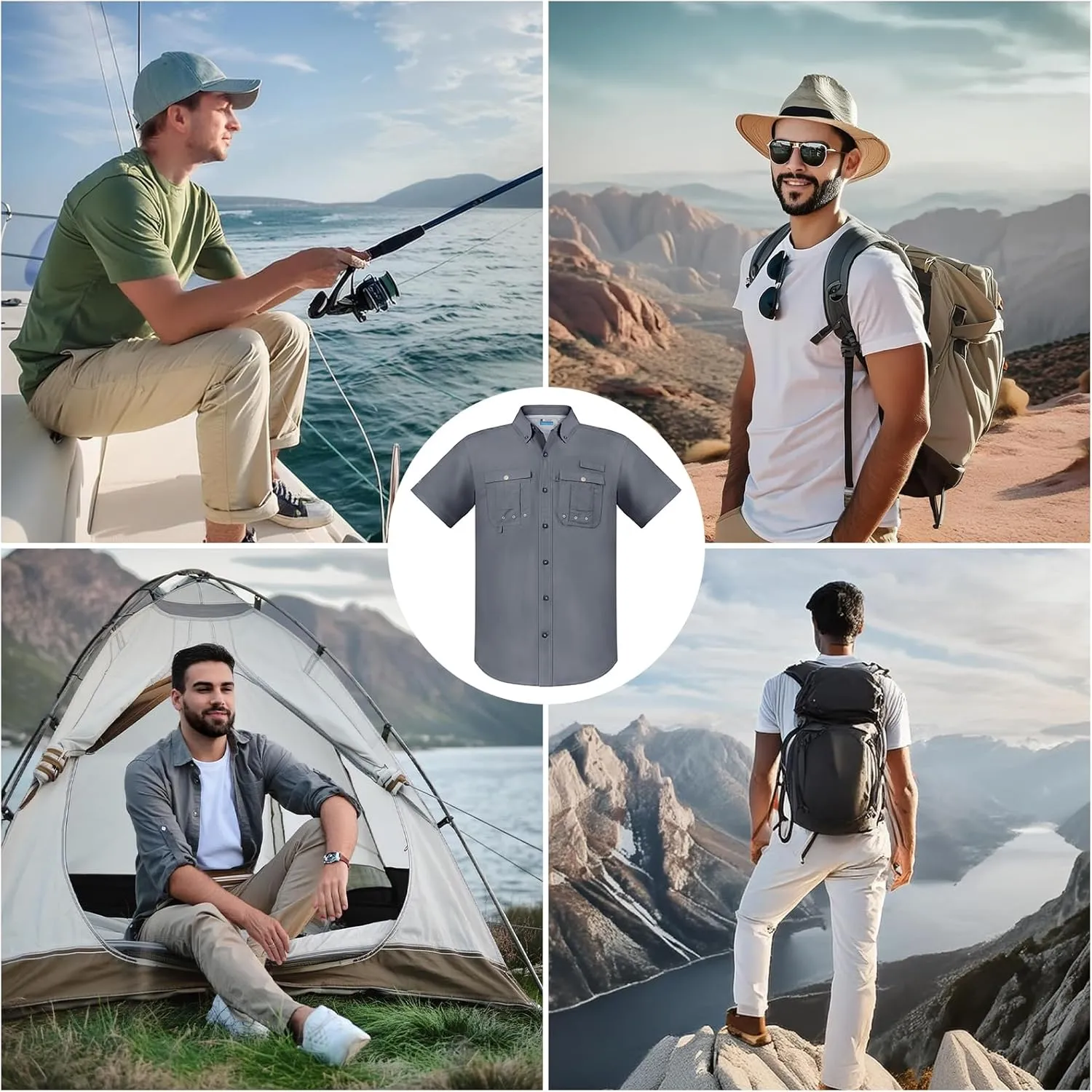 Men's Short Sleeve Fishing Shirts, Quick Dry UPF 50  Sun Protection Shirts for Hiking, Camping, Beach (Khaki, Lake Blue)