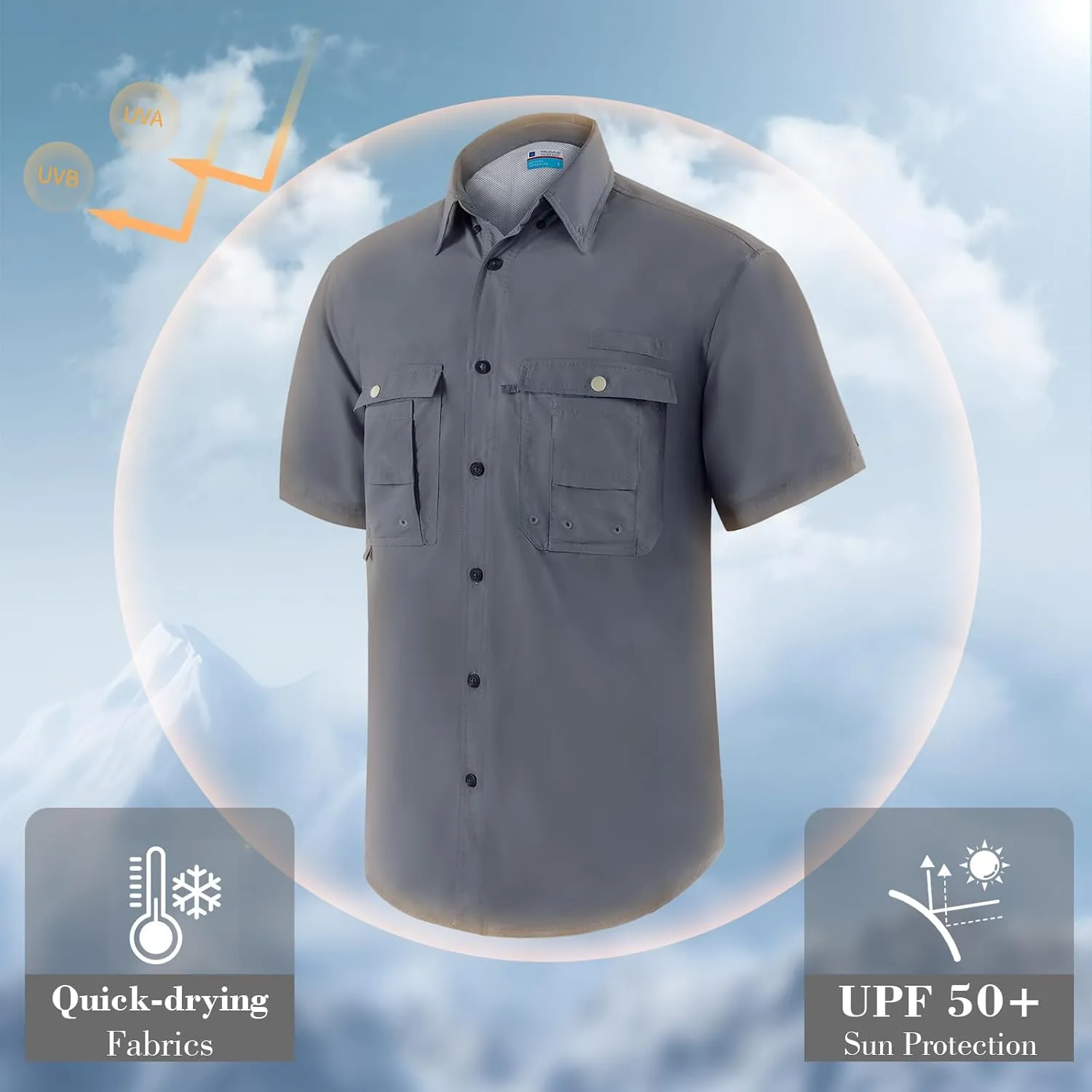 Men's Short Sleeve Fishing Shirts, Quick Dry UPF 50  Sun Protection Shirts for Hiking, Camping, Beach (Khaki, Lake Blue)