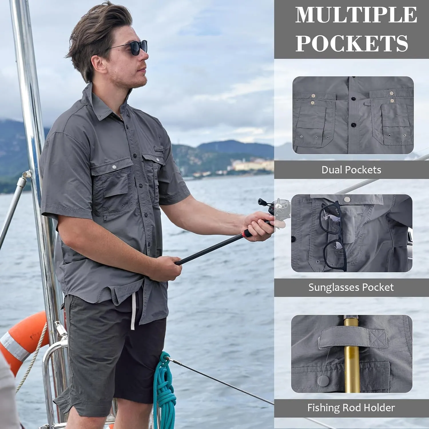 Men's Short Sleeve Fishing Shirts, Quick Dry UPF 50  Sun Protection Shirts for Hiking, Camping, Beach (Khaki, Lake Blue)