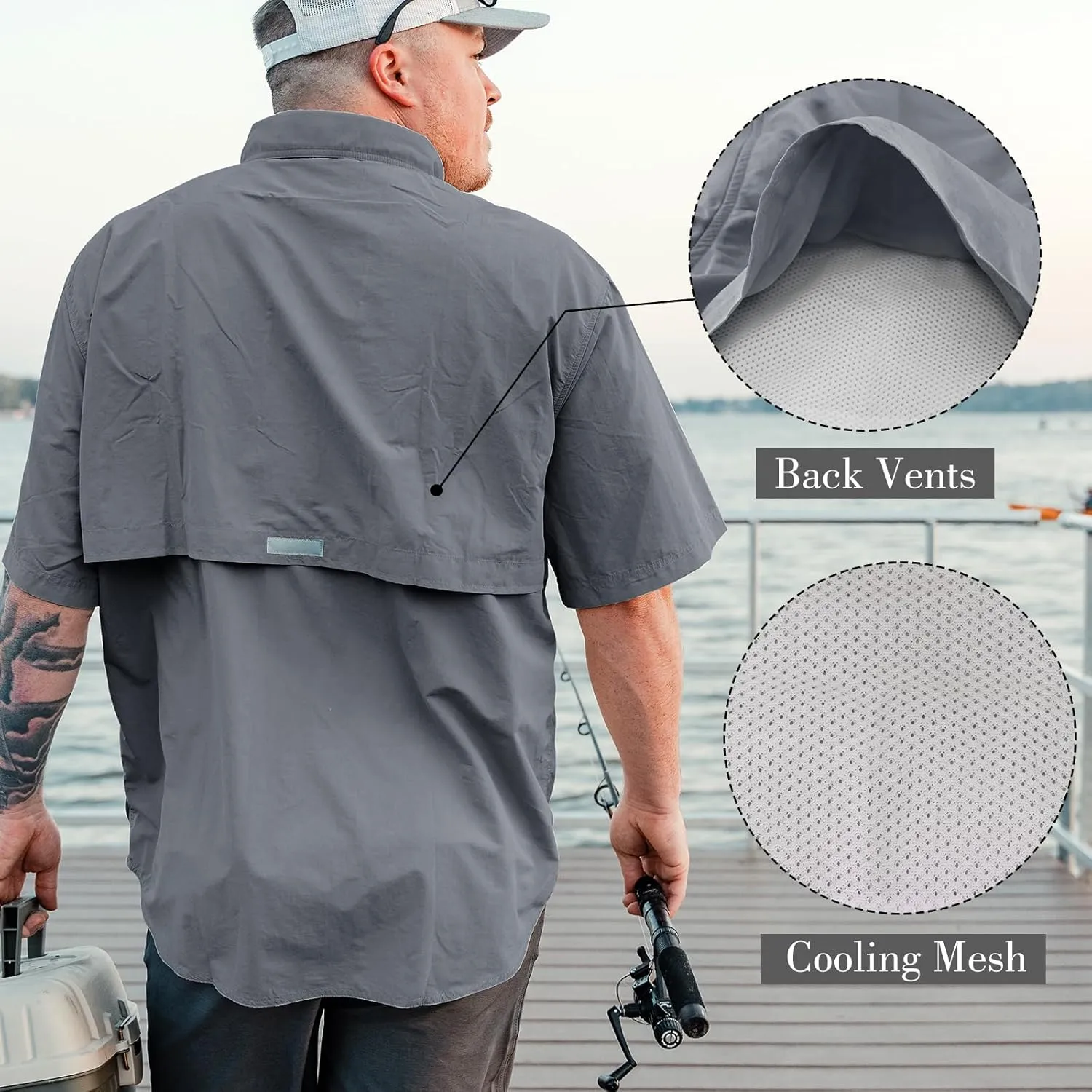 Men's Short Sleeve Fishing Shirts, Quick Dry UPF 50  Sun Protection Shirts for Hiking, Camping, Beach (Khaki, Lake Blue)