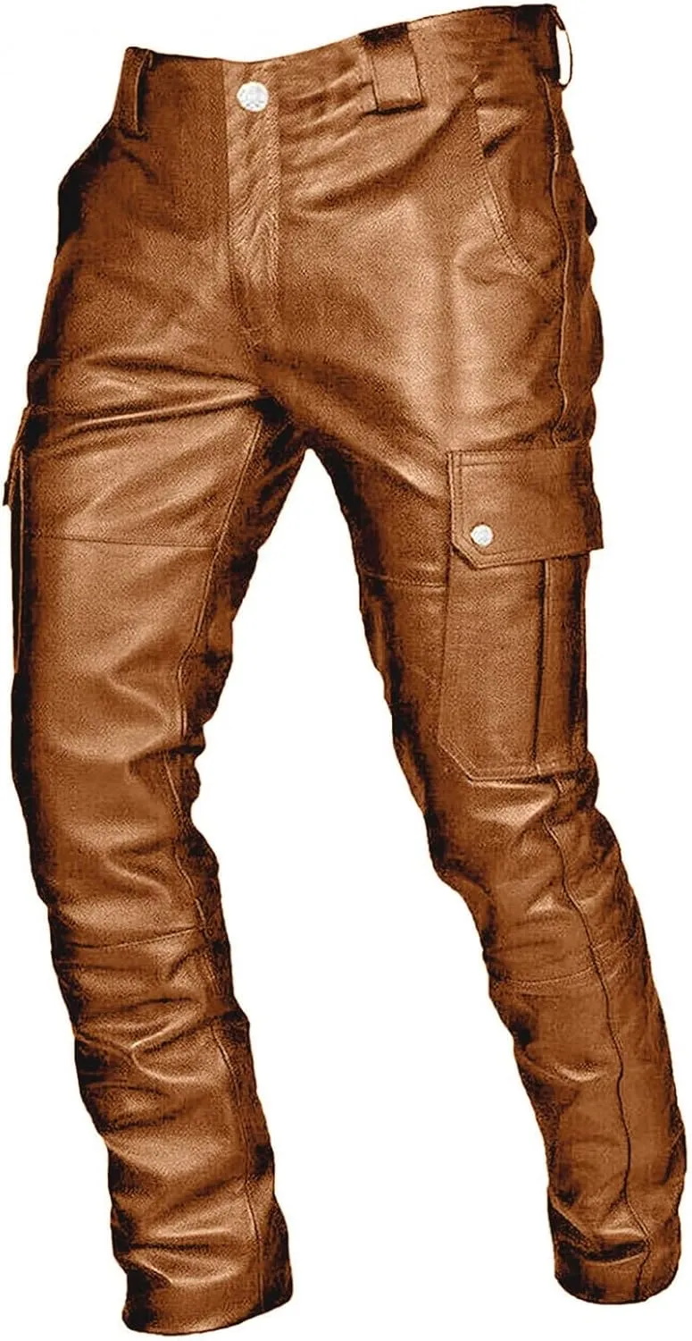 Men's Steampunk Stretchy Faux Leather Pants Slim Fit Motorcycle Biker Goth Pants Fashion Punk Retro Hip Hop Trousers Clubwear