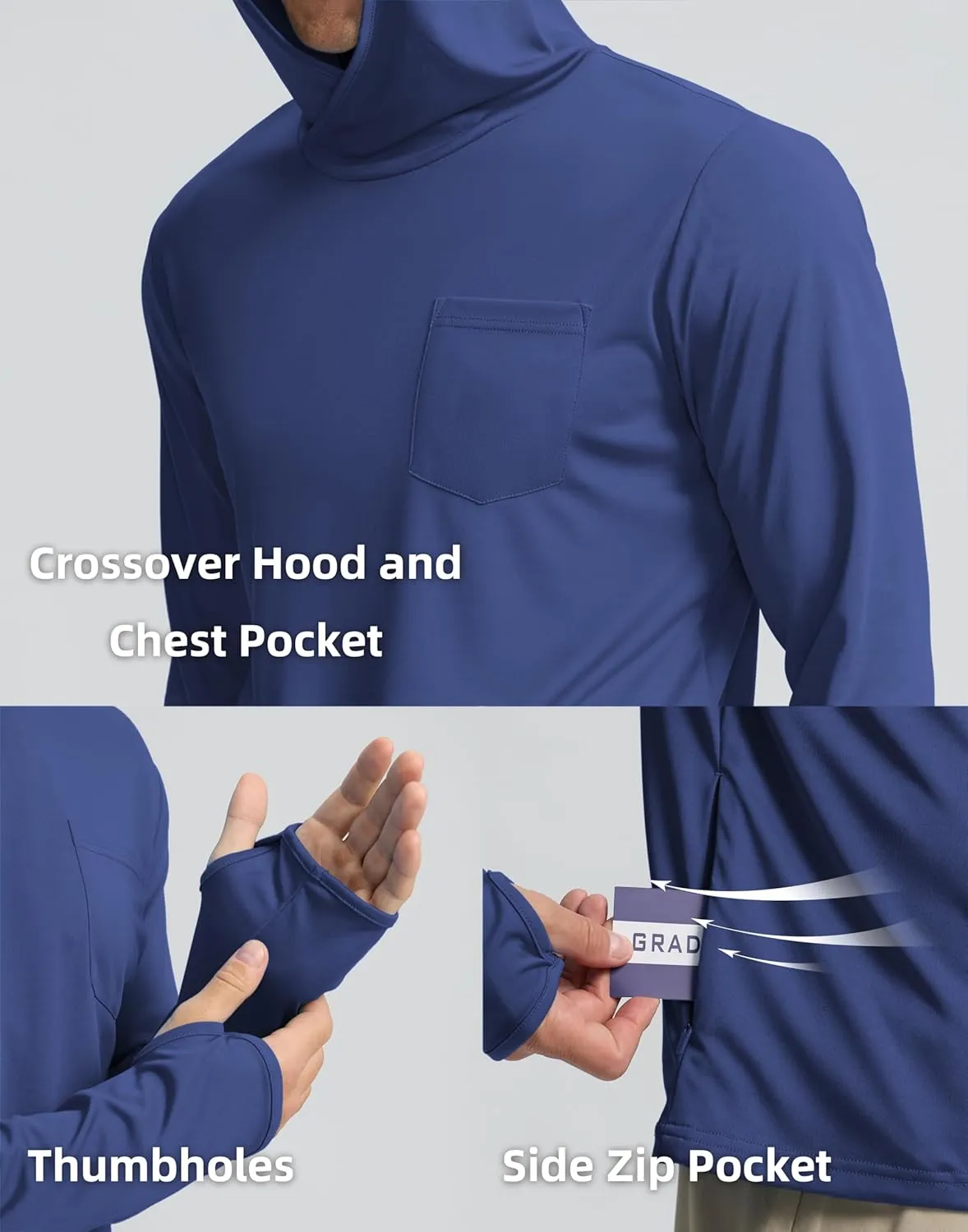 Men's Sun Protection Shirts UPF 50  Long Sleeve Hoodie with 2 Pockets UV SPF Fishing Hiking Rash Guard Shirts