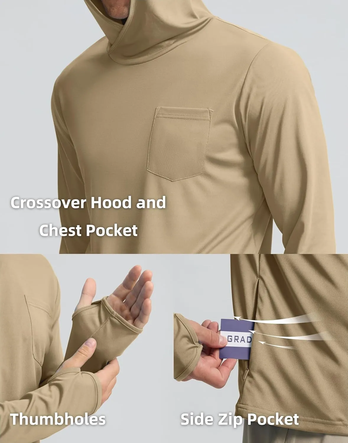 Men's Sun Protection Shirts UPF 50  Long Sleeve Hoodie with 2 Pockets UV SPF Fishing Hiking Rash Guard Shirts
