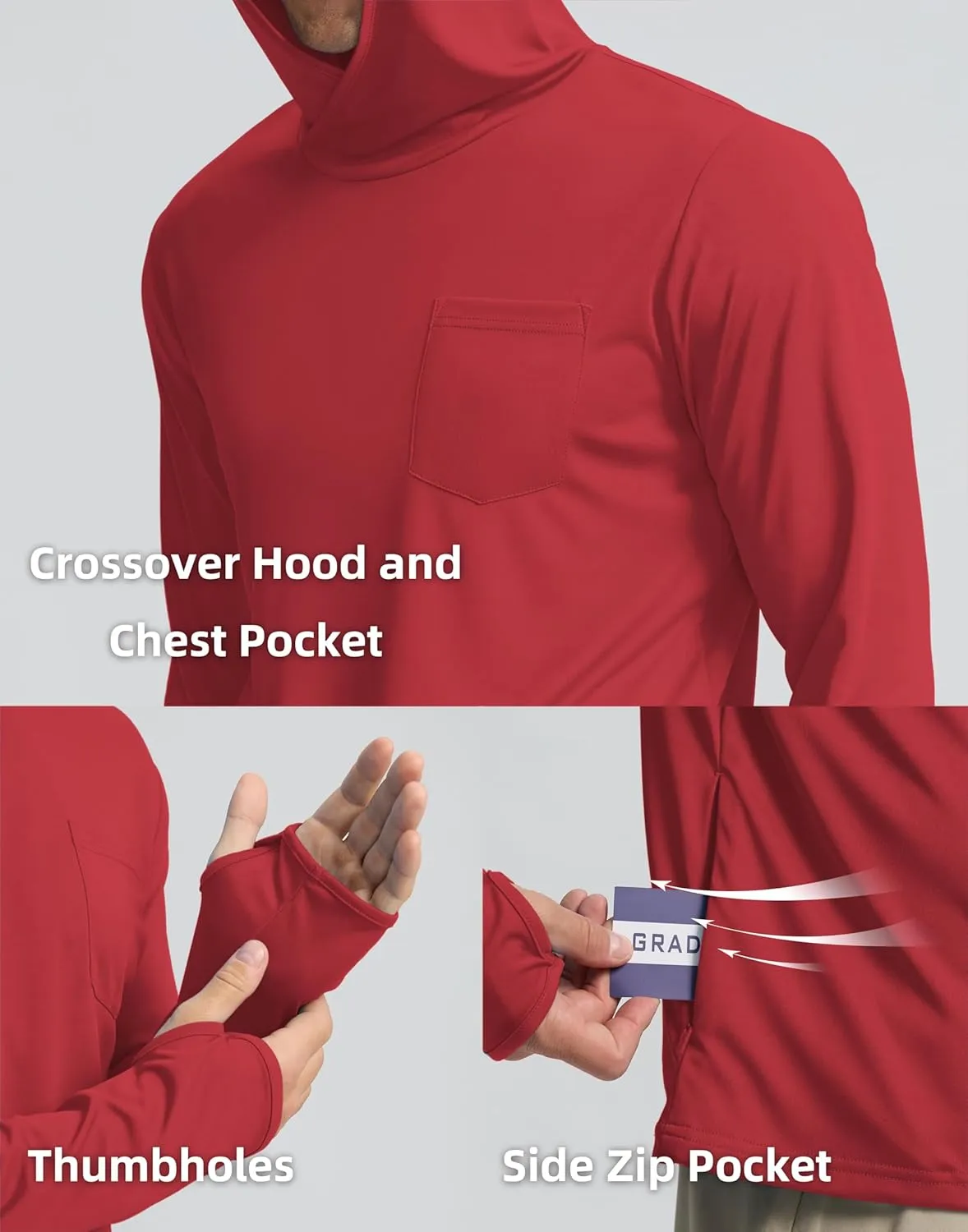 Men's Sun Protection Shirts UPF 50  Long Sleeve Hoodie with 2 Pockets UV SPF Fishing Hiking Rash Guard Shirts