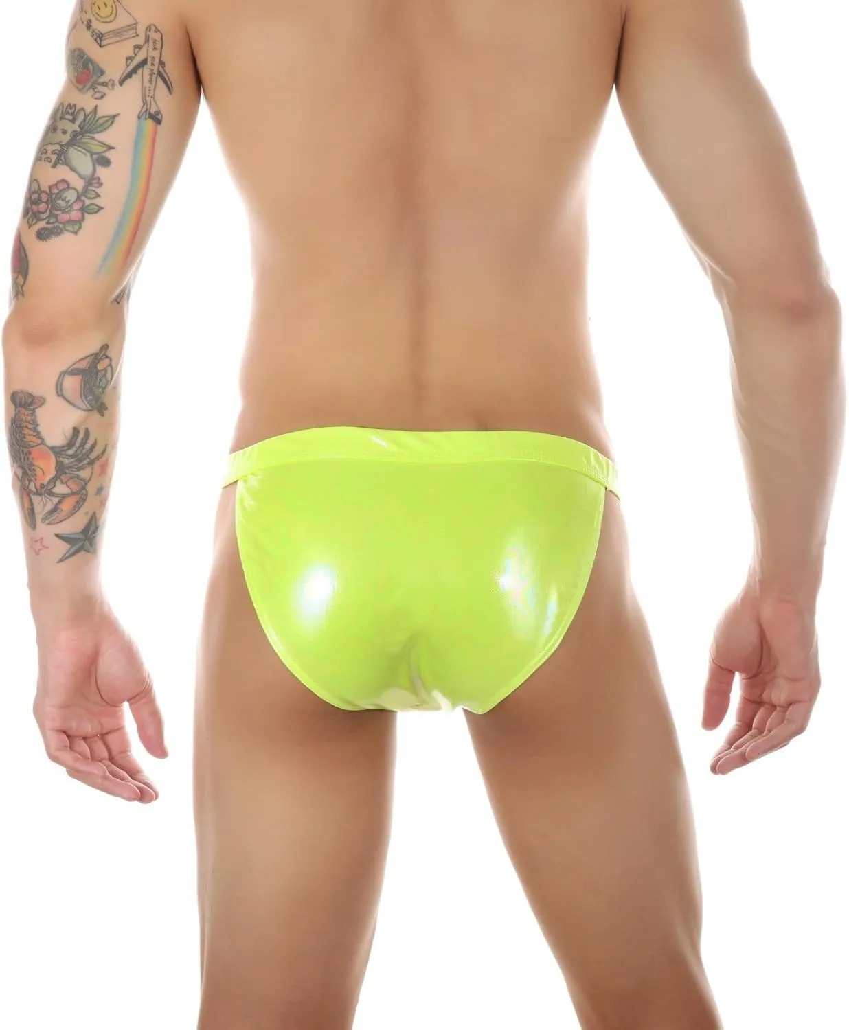 Mens Surf Swim Shorts Side Buckle Briefs Imitation Leather Bikini Trunks Reflective Metal Texture Thongs