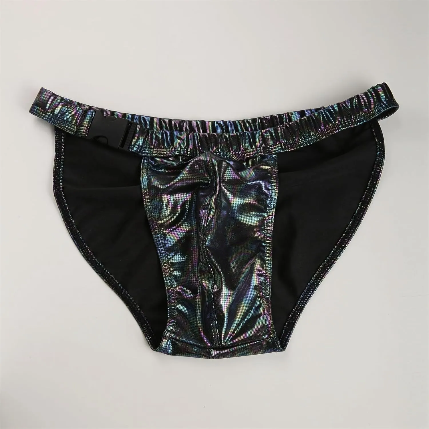 Mens Surf Swim Shorts Side Buckle Briefs Imitation Leather Bikini Trunks Reflective Metal Texture Thongs