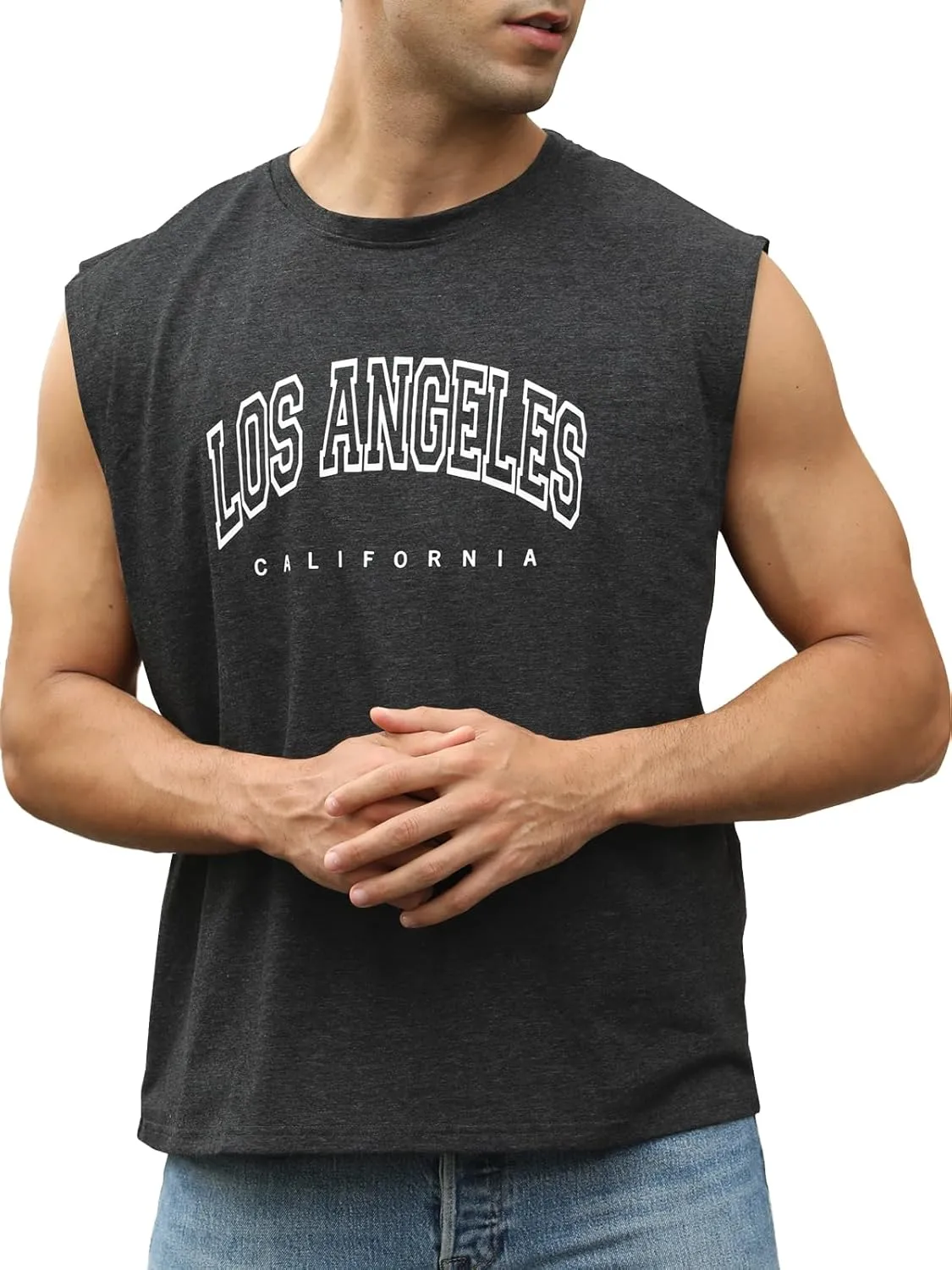 Men's Workout Tank Tops Casual Loose Fit Sleeveless Shirts Gym Muscle T-Shirts with Letter Graphic