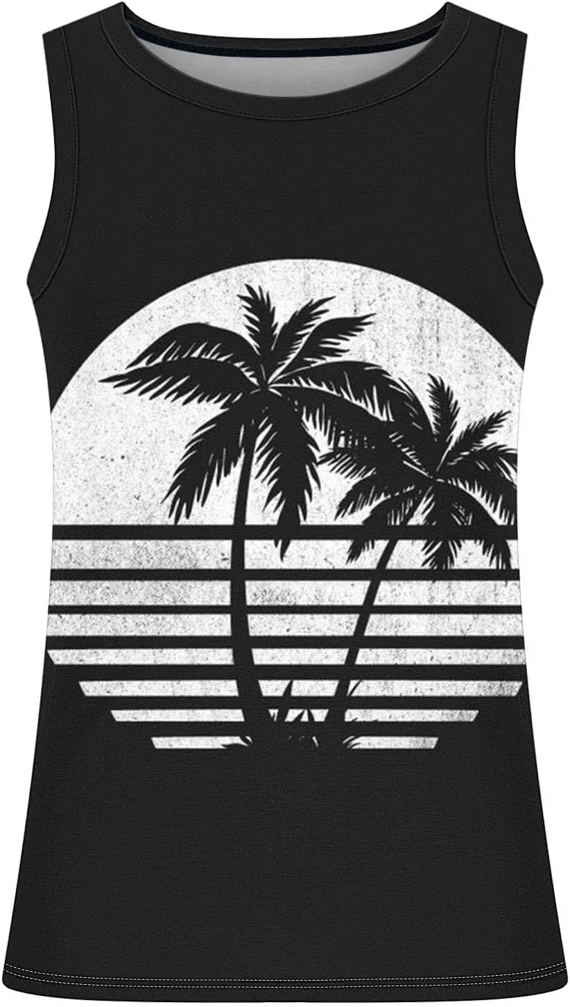 Muscularfit Big and Tall Graphic Tank Tops for Men Sleeveless Sunset Coconut Print Graphic Tee Shirts Casual Loose Pullover
