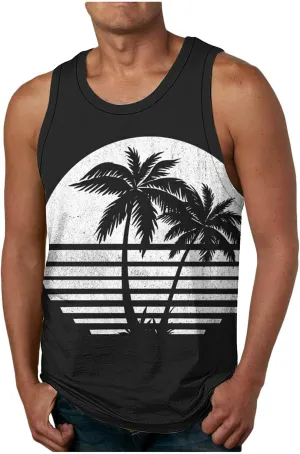 Muscularfit Big and Tall Graphic Tank Tops for Men Sleeveless Sunset Coconut Print Graphic Tee Shirts Casual Loose Pullover