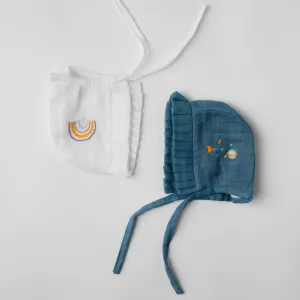 Muslin Newborn Bonnet Caps (Blue & White)