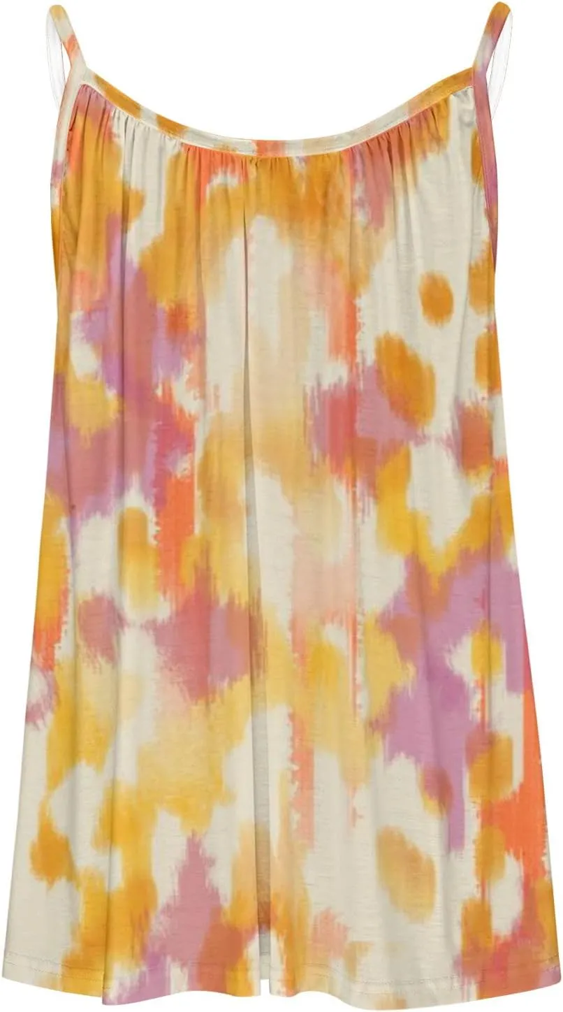 Mzkdieey Tank Tops for Women Pleated Spaghetti Strap Camisole Summer Casual Floral Print Sleeveless Loose Fit Basic Tee Shirt