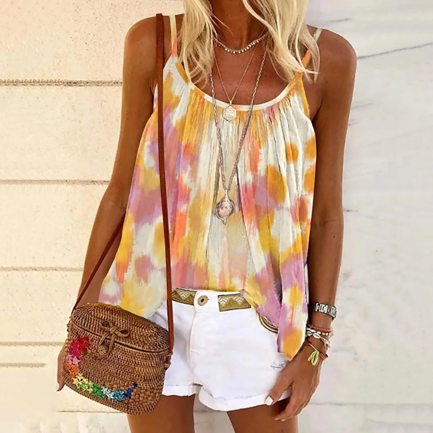 Mzkdieey Tank Tops for Women Pleated Spaghetti Strap Camisole Summer Casual Floral Print Sleeveless Loose Fit Basic Tee Shirt