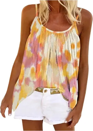 Mzkdieey Tank Tops for Women Pleated Spaghetti Strap Camisole Summer Casual Floral Print Sleeveless Loose Fit Basic Tee Shirt