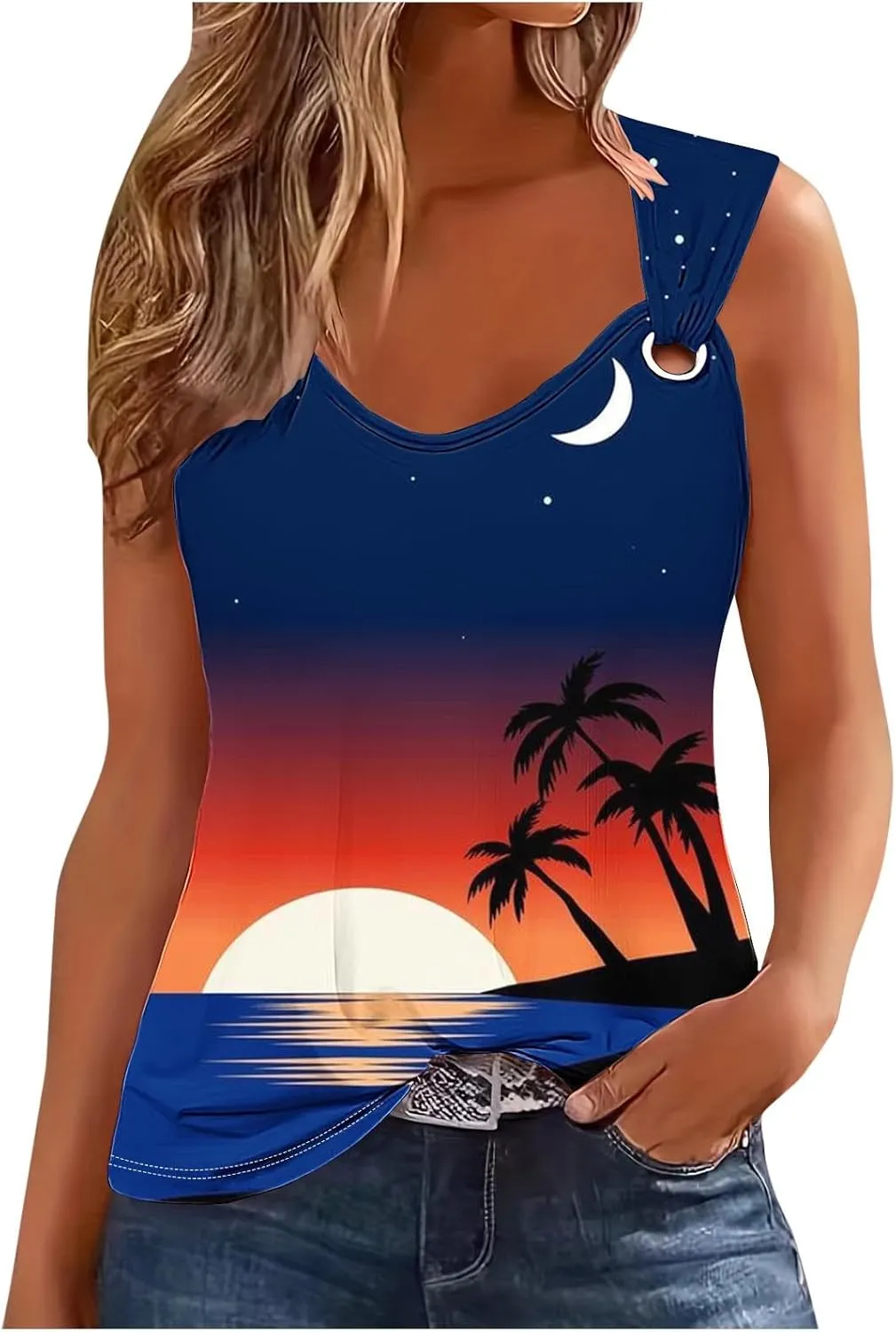 Mzkdieey Women's Sunset Beach Palm Tree Tank Tops Sexy Hollow Out Sweet O Ring Camisole Summer Hawaiian Beach Tee Shirts