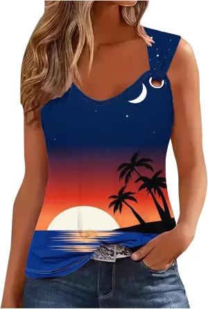 Mzkdieey Women's Sunset Beach Palm Tree Tank Tops Sexy Hollow Out Sweet O Ring Camisole Summer Hawaiian Beach Tee Shirts