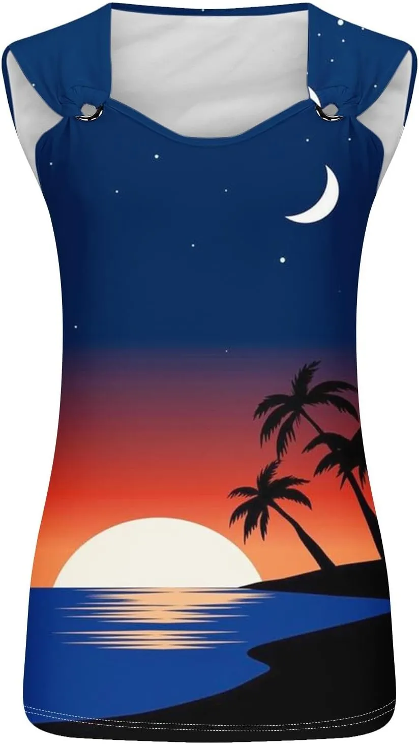 Mzkdieey Women's Sunset Beach Palm Tree Tank Tops Sexy Hollow Out Sweet O Ring Camisole Summer Hawaiian Beach Tee Shirts