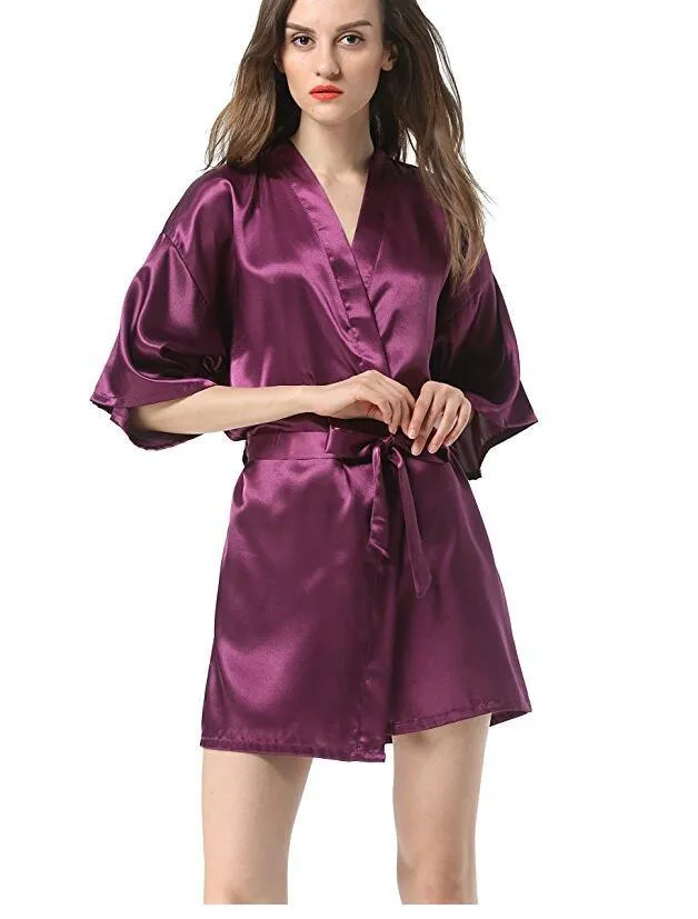 New Black Chinese Women's Faux Silk Robe Bath Gown Hot Sale Kimono Yukata Bathrobe Solid Color Sleepwear S M L XL XXL NB032