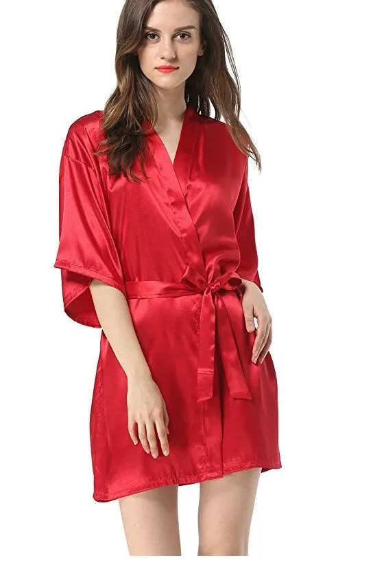 New Black Chinese Women's Faux Silk Robe Bath Gown Hot Sale Kimono Yukata Bathrobe Solid Color Sleepwear S M L XL XXL NB032