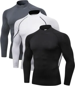 Odoland Mens 3 Pack Compression Long Sleeve Shirts, Athletic Workout Shirts, Sports Undershirt Quick Dry Base Layer Top