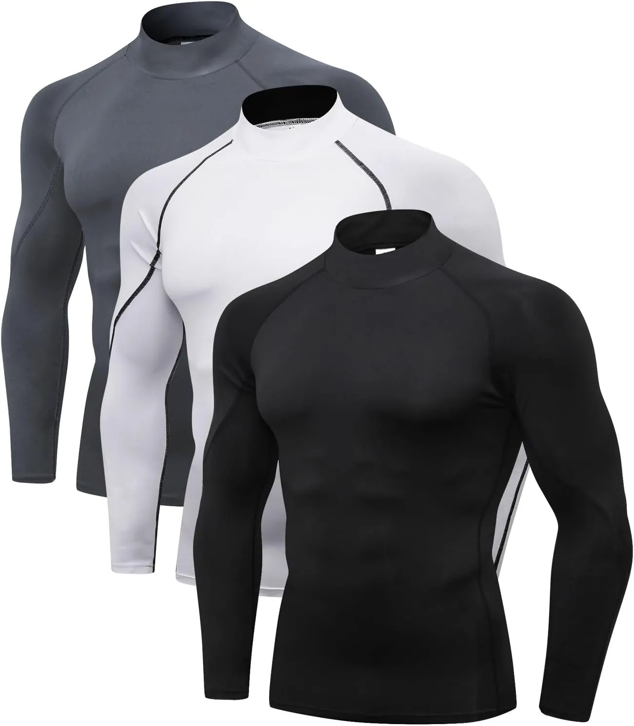 Odoland Mens 3 Pack Compression Long Sleeve Shirts, Athletic Workout Shirts, Sports Undershirt Quick Dry Base Layer Top