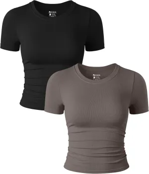 OQQ Womens 2 Piece Shirts Short Sleeve Crew Neck Ruched Stretch Fitted Tee Shirts Crop Tops