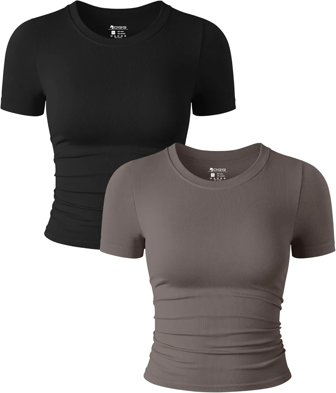 OQQ Womens 2 Piece Shirts Short Sleeve Crew Neck Ruched Stretch Fitted Tee Shirts Crop Tops