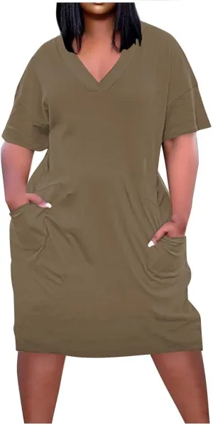 Plus Size Dresses for Women Oversize T Shirt Midi Dress V Neck Short Sleeve Summer Swing Flowy Dress A Line Dress