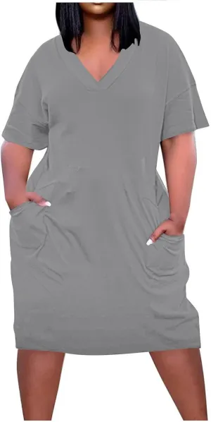 Plus Size Dresses for Women Oversize T Shirt Midi Dress V Neck Short Sleeve Summer Swing Flowy Dress A Line Dress