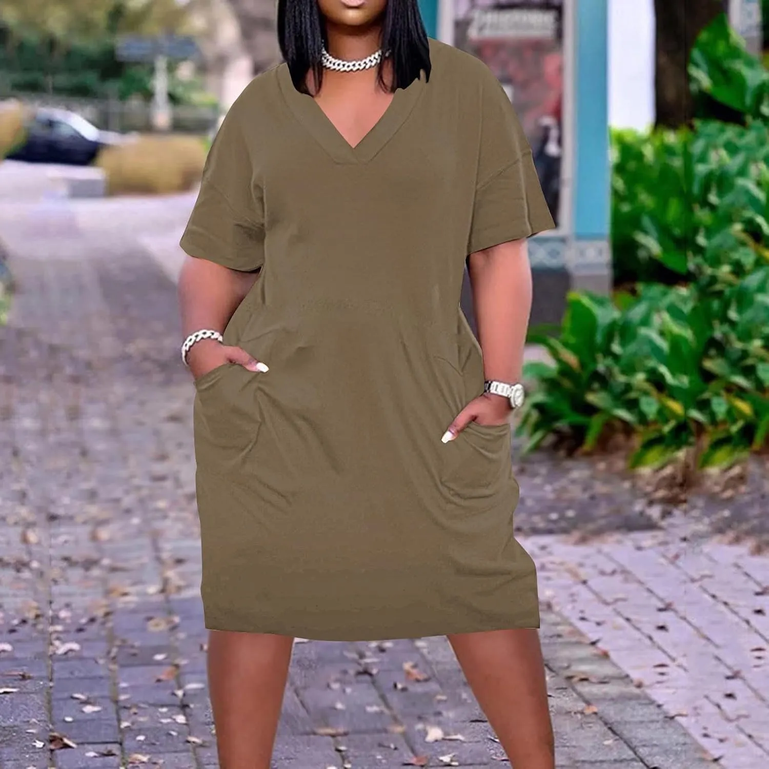 Plus Size Dresses for Women Oversize T Shirt Midi Dress V Neck Short Sleeve Summer Swing Flowy Dress A Line Dress
