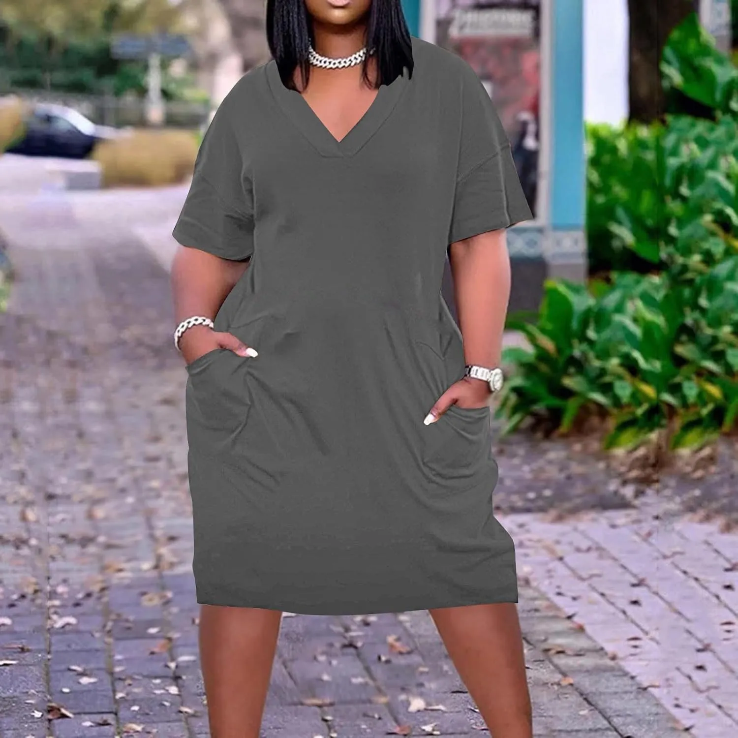 Plus Size Dresses for Women Oversize T Shirt Midi Dress V Neck Short Sleeve Summer Swing Flowy Dress A Line Dress