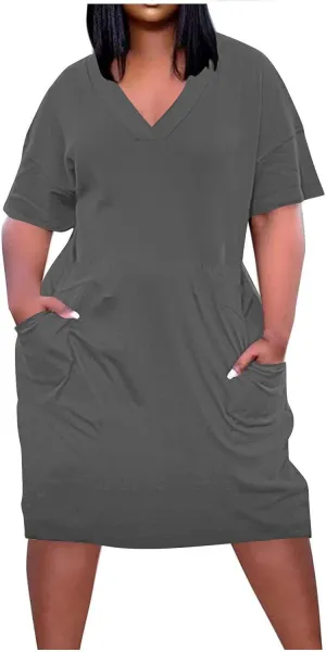 Plus Size Dresses for Women Oversize T Shirt Midi Dress V Neck Short Sleeve Summer Swing Flowy Dress A Line Dress