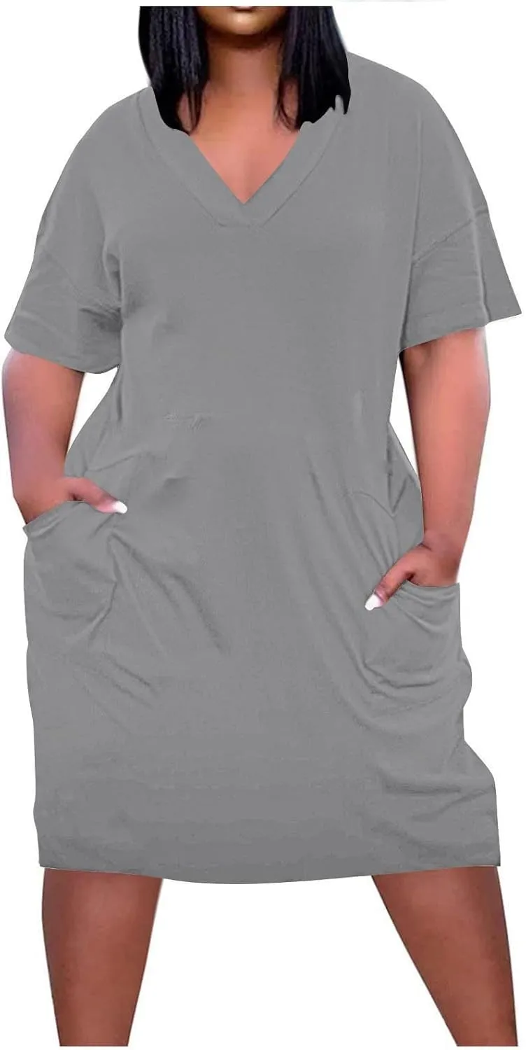Plus Size Dresses for Women Oversize T Shirt Midi Dress V Neck Short Sleeve Summer Swing Flowy Dress A Line Dress