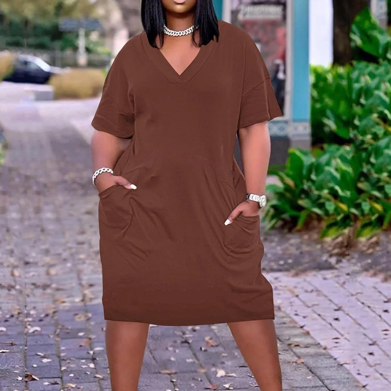 Plus Size Dresses for Women Oversize T Shirt Midi Dress V Neck Short Sleeve Summer Swing Flowy Dress A Line Dress