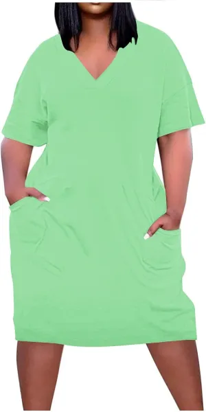 Plus Size Dresses for Women Oversize T Shirt Midi Dress V Neck Short Sleeve Summer Swing Flowy Dress A Line Dress