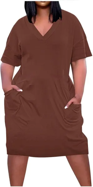 Plus Size Dresses for Women Oversize T Shirt Midi Dress V Neck Short Sleeve Summer Swing Flowy Dress A Line Dress