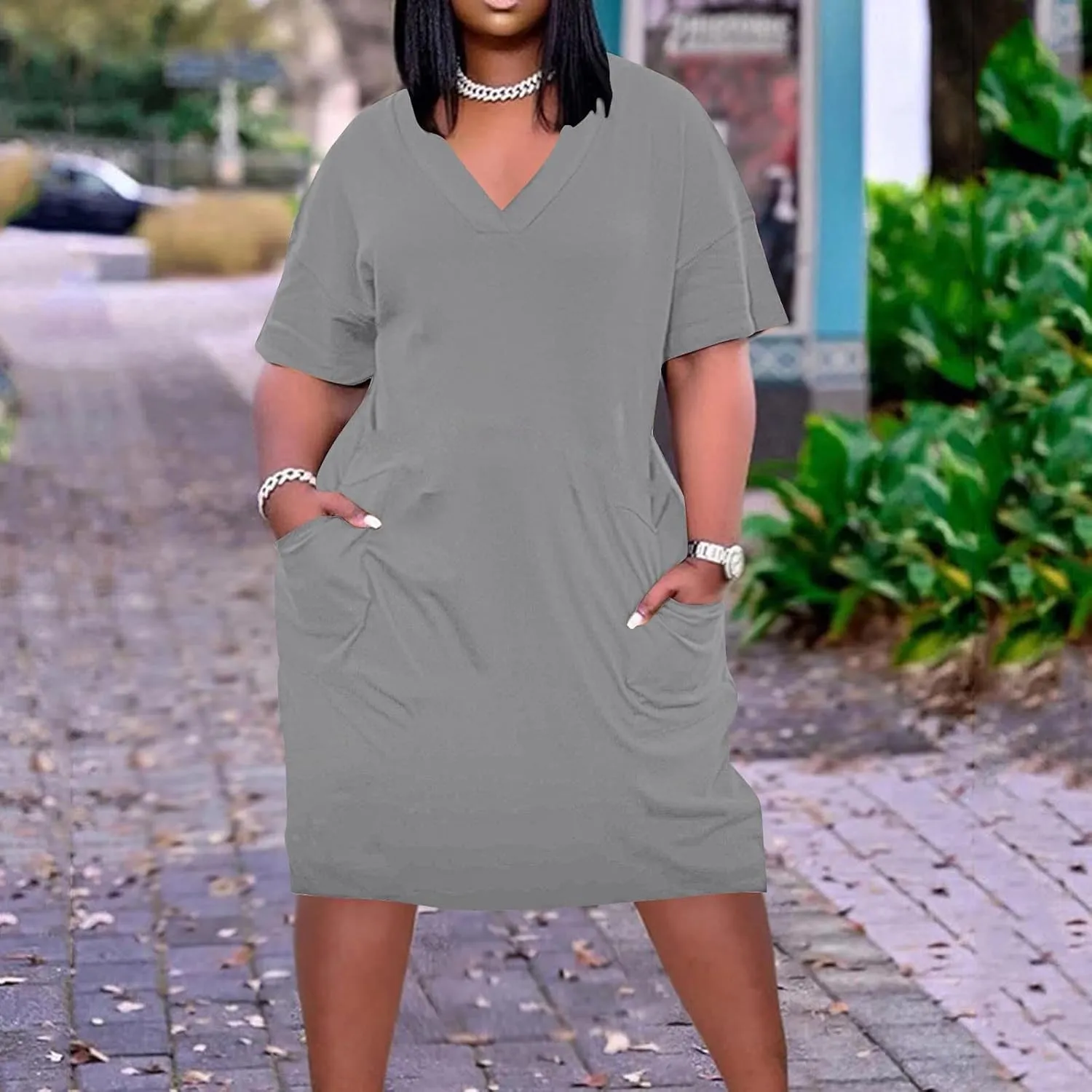 Plus Size Dresses for Women Oversize T Shirt Midi Dress V Neck Short Sleeve Summer Swing Flowy Dress A Line Dress