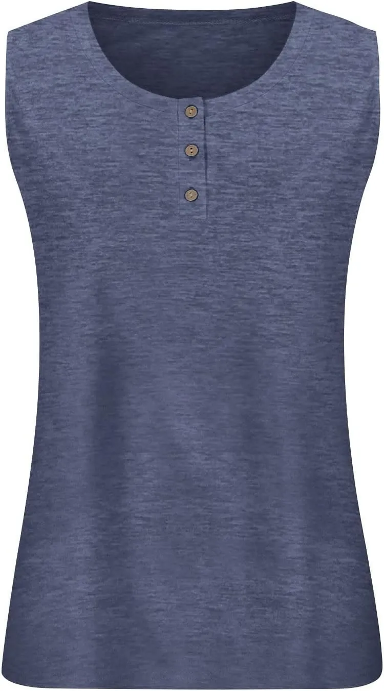 Plus Size Tank Tops for Women Summer Sleeveless O Neck Henley T-Shirts Tops Casual Button Down Tunics Shirts
