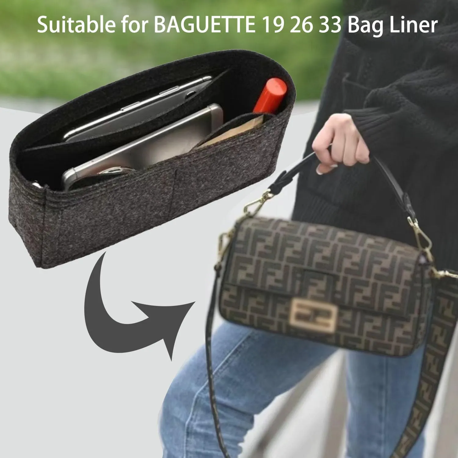 Purse Organizer Insert for Handbags, Softened Felt Insert Bag Organizer for Tote, Handbag Organizer fit for Baguette, Longchamp (Coffee, Small)