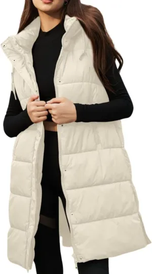 PUWEI Long Puffer Vest Women Quilted Hooded Vest Padded Sleeveless Coat Jackets With Pockets