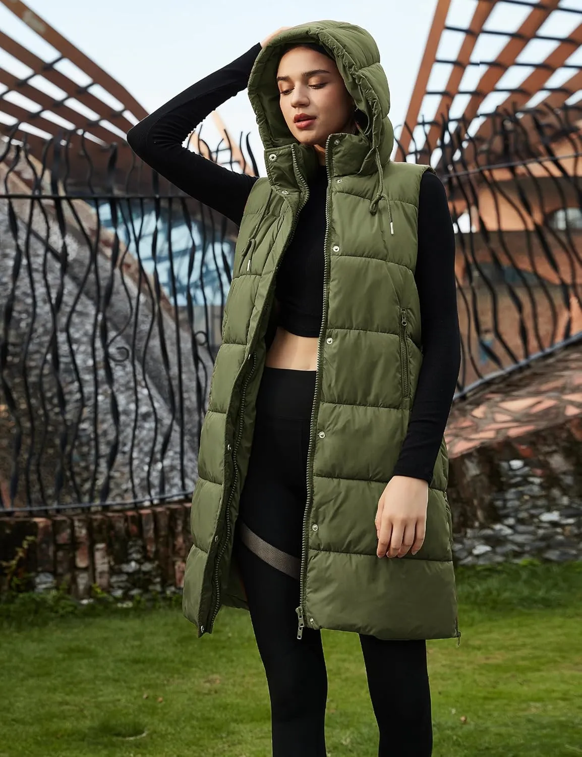 PUWEI Long Puffer Vest Women Quilted Hooded Vest Padded Sleeveless Coat Jackets With Pockets