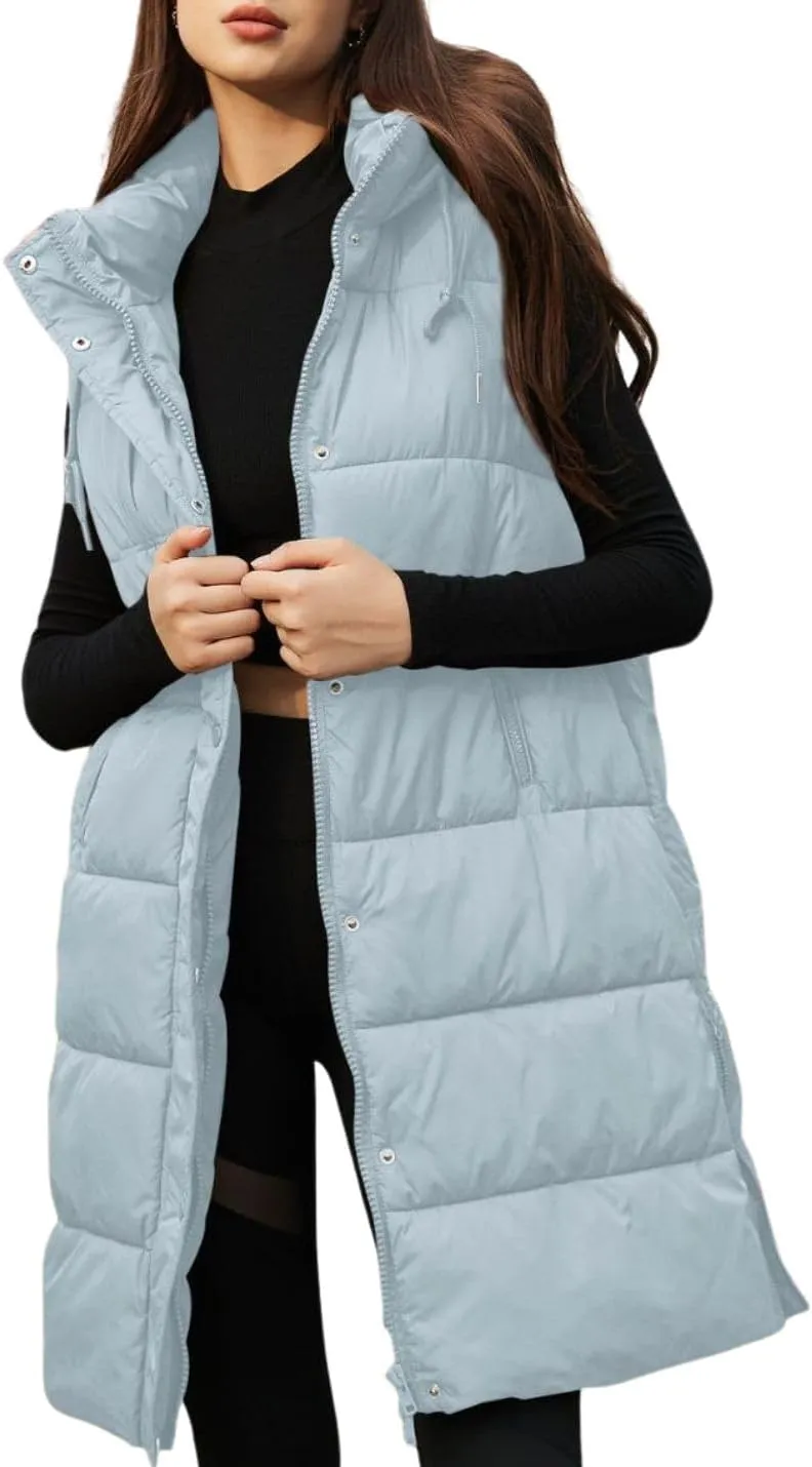 PUWEI Long Puffer Vest Women Quilted Hooded Vest Padded Sleeveless Coat Jackets With Pockets