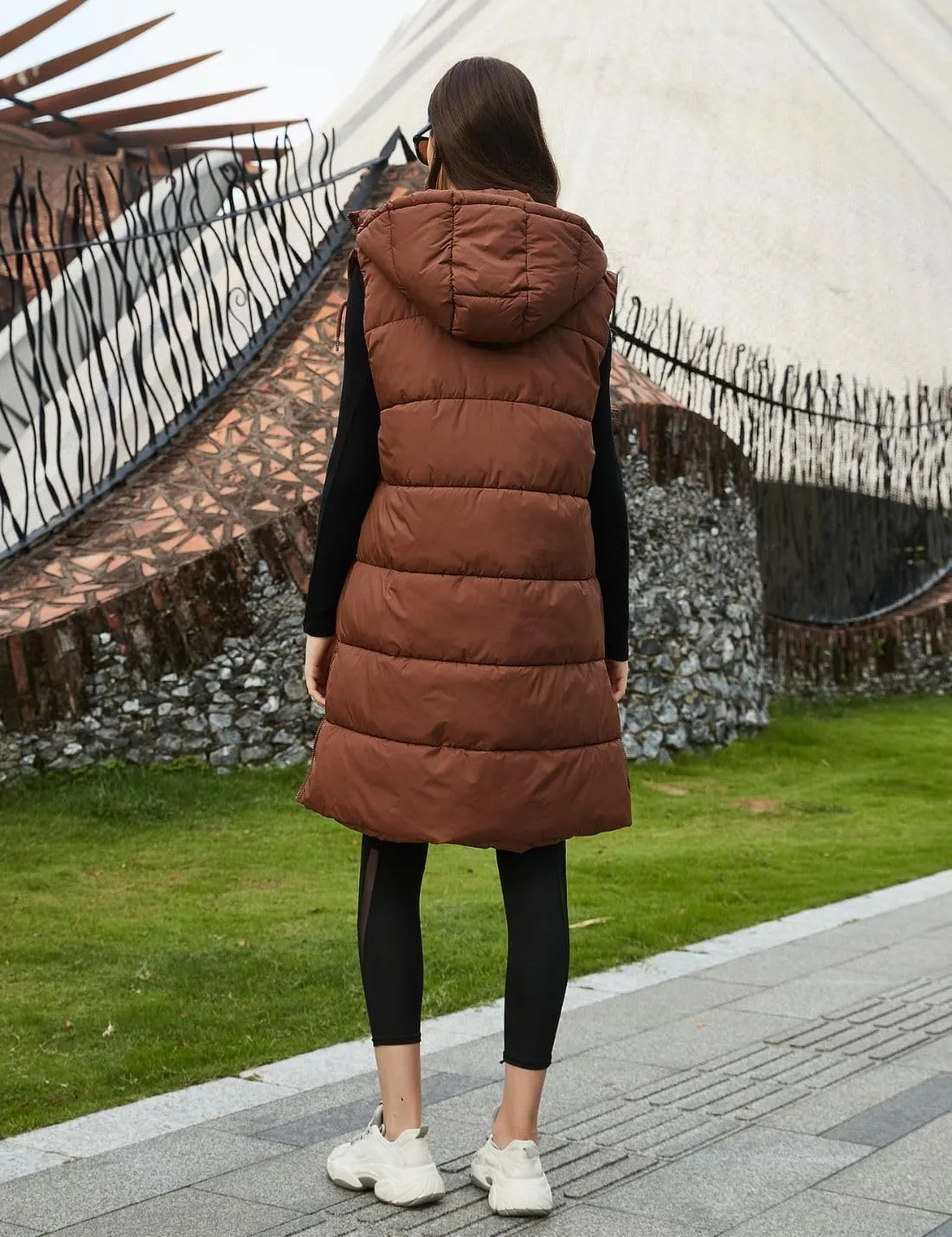 PUWEI Long Puffer Vest Women Quilted Hooded Vest Padded Sleeveless Coat Jackets With Pockets