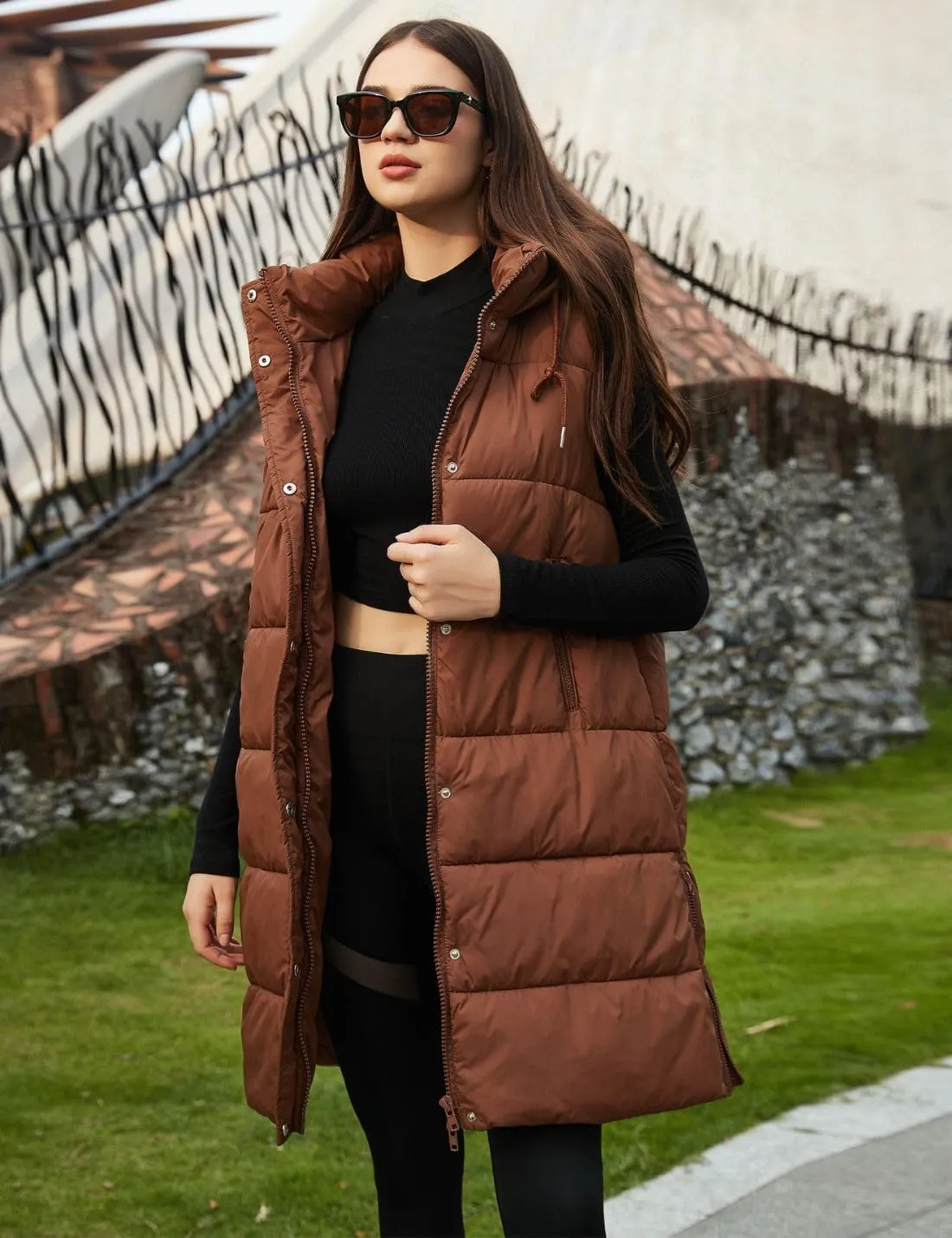PUWEI Long Puffer Vest Women Quilted Hooded Vest Padded Sleeveless Coat Jackets With Pockets