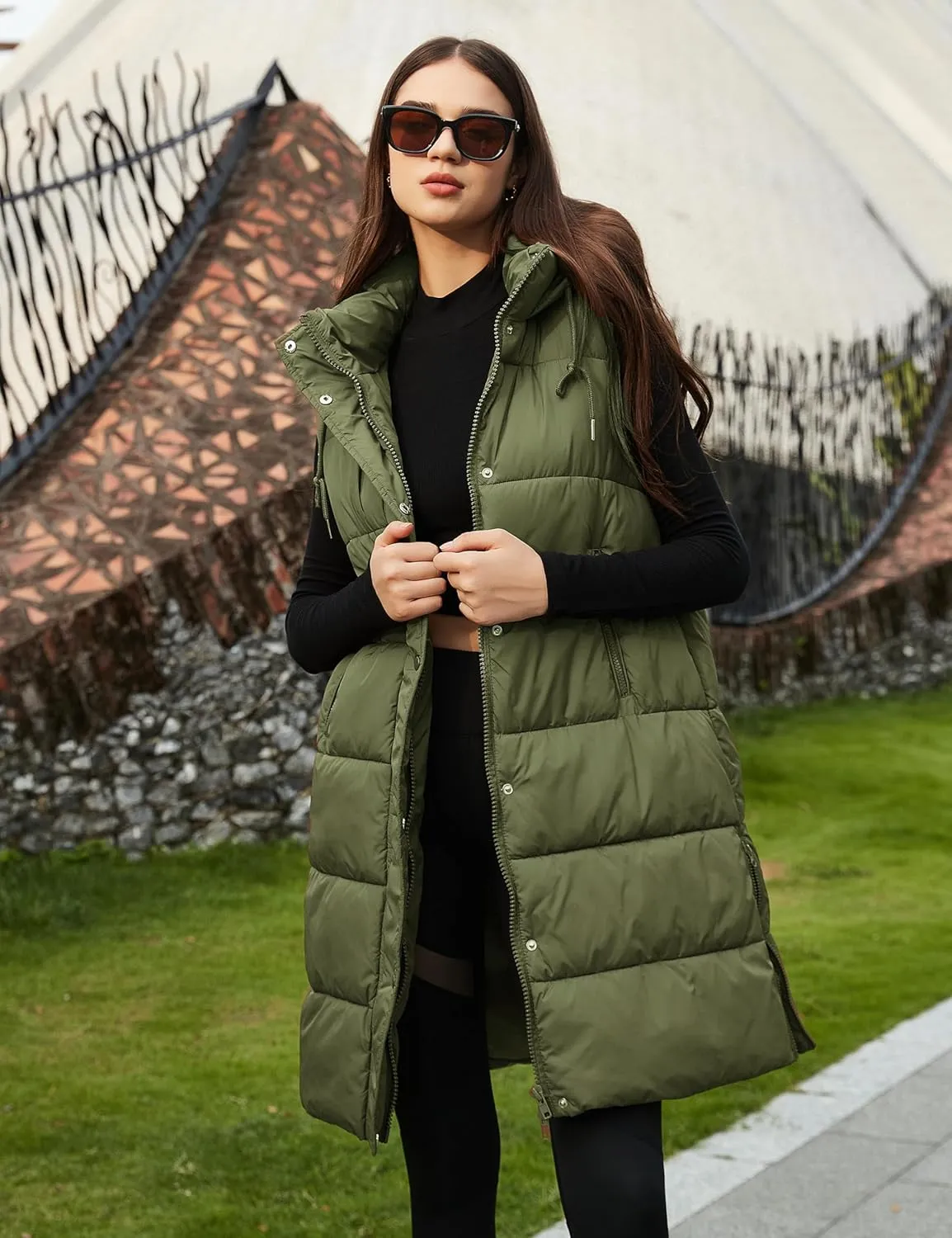PUWEI Long Puffer Vest Women Quilted Hooded Vest Padded Sleeveless Coat Jackets With Pockets