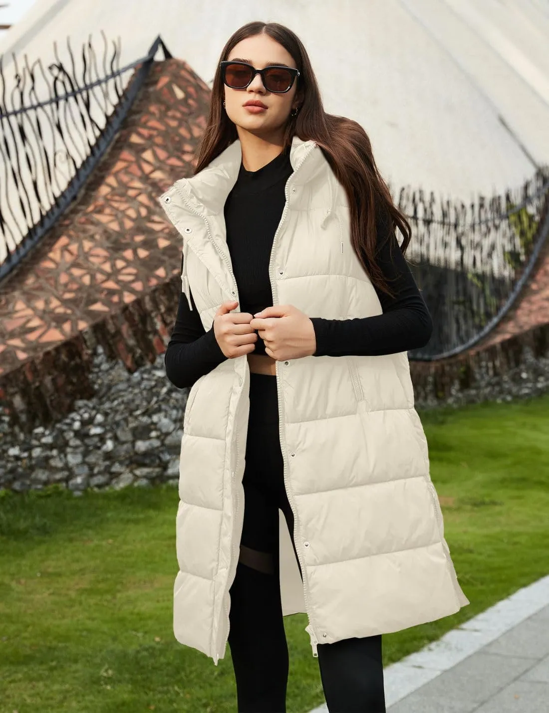 PUWEI Long Puffer Vest Women Quilted Hooded Vest Padded Sleeveless Coat Jackets With Pockets