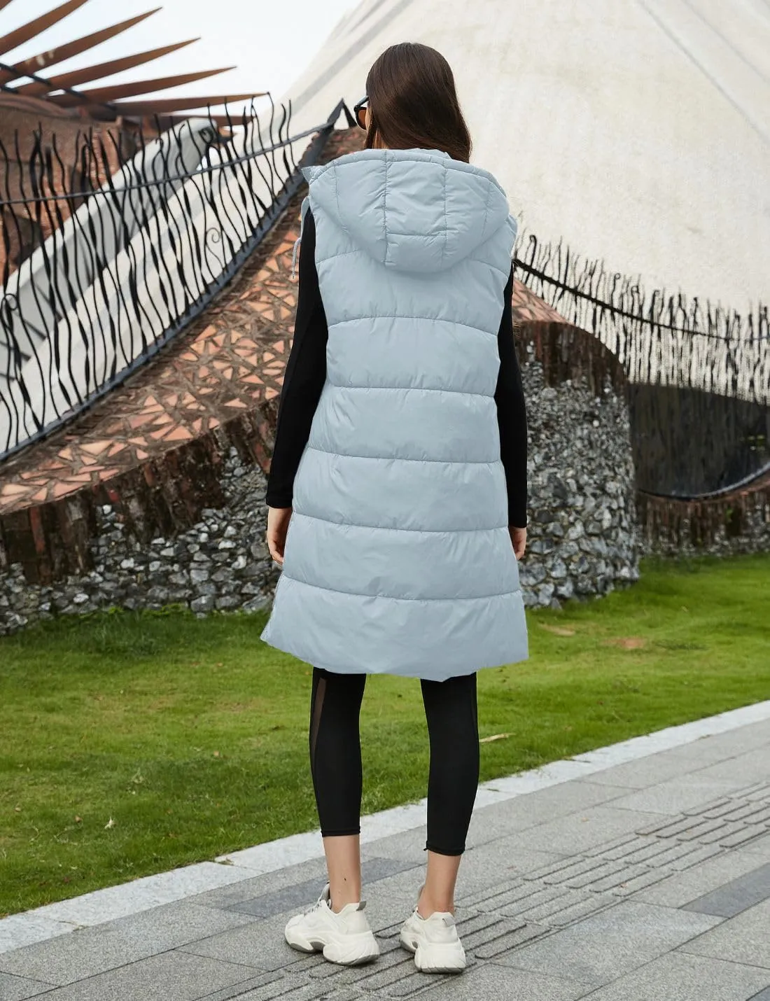 PUWEI Long Puffer Vest Women Quilted Hooded Vest Padded Sleeveless Coat Jackets With Pockets