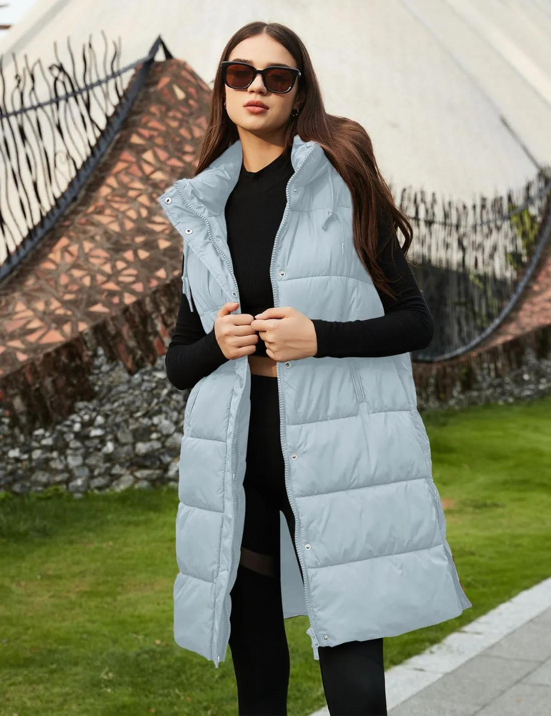PUWEI Long Puffer Vest Women Quilted Hooded Vest Padded Sleeveless Coat Jackets With Pockets