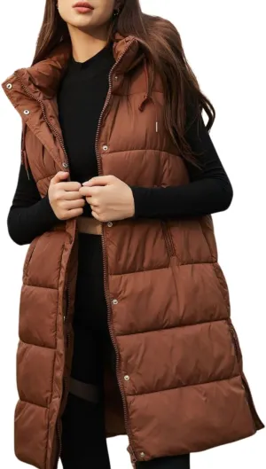 PUWEI Long Puffer Vest Women Quilted Hooded Vest Padded Sleeveless Coat Jackets With Pockets