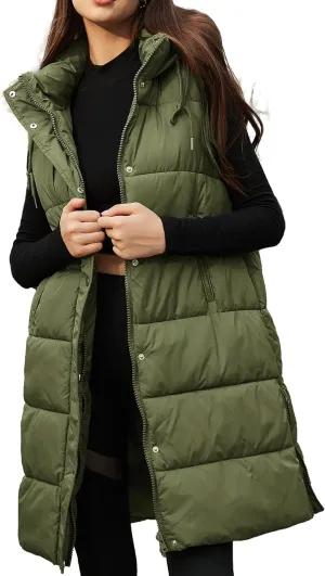 PUWEI Long Puffer Vest Women Quilted Hooded Vest Padded Sleeveless Coat Jackets With Pockets