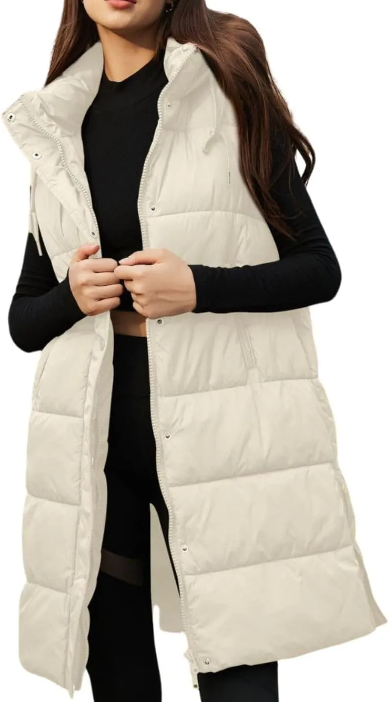 PUWEI Long Puffer Vest Women Quilted Hooded Vest Padded Sleeveless Coat Jackets With Pockets